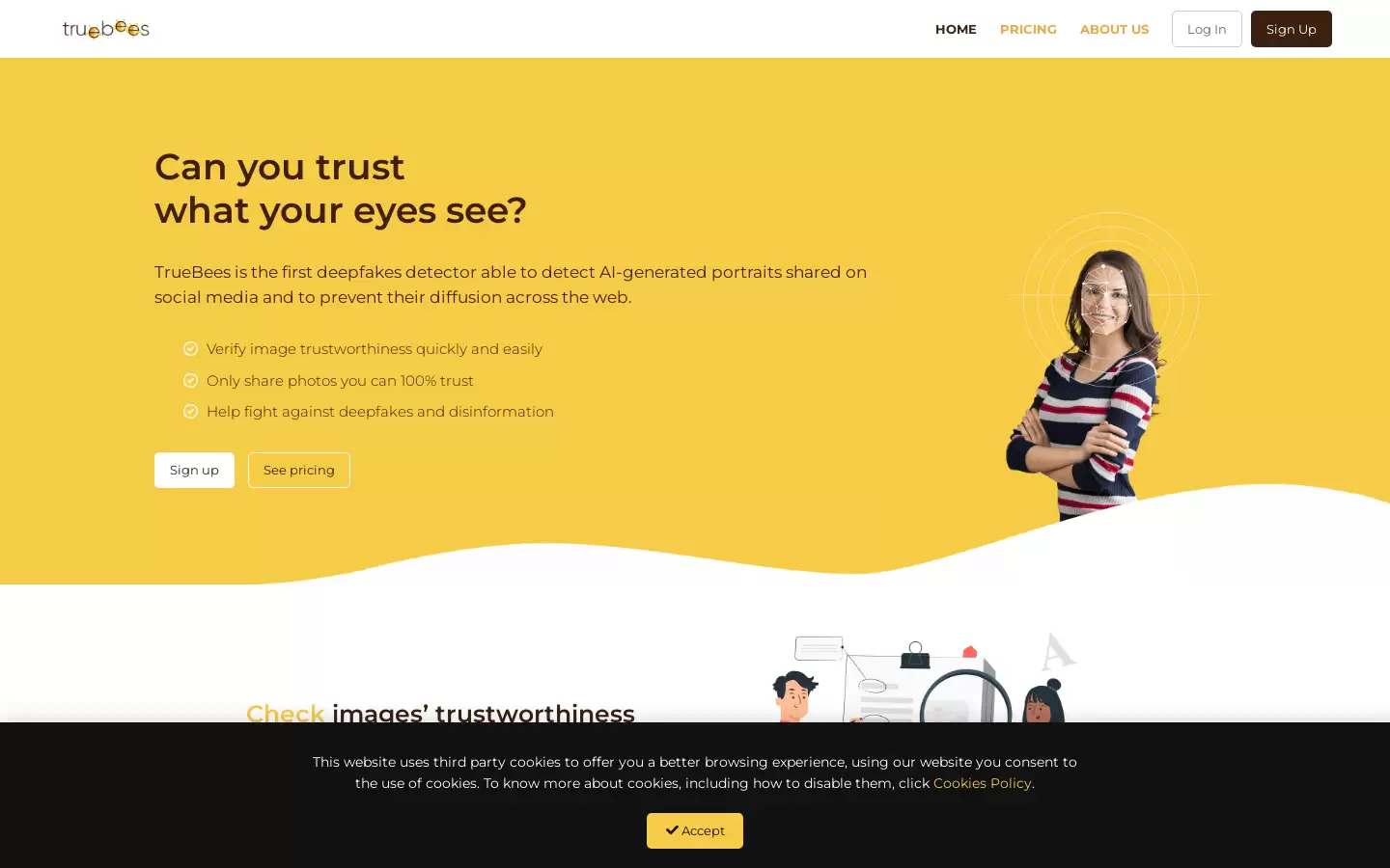 Truebees : 首个能够检测和防止深度伪造图片传播的AI生成图像检测器。