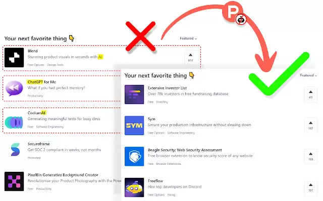 Producthunt without AI Products : 自动从ProductHunt产品列表中删除与人工智能相关的产品