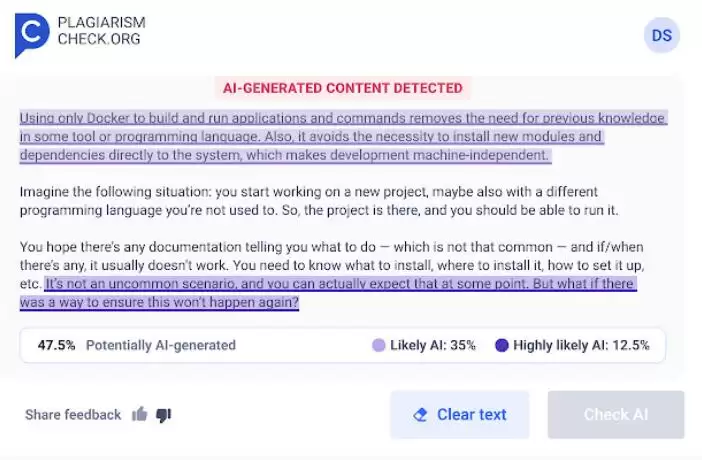 Trace GPT AI Detector by PlagiarismCheck.org : 检测内容、网站和电子邮件中的AI存在