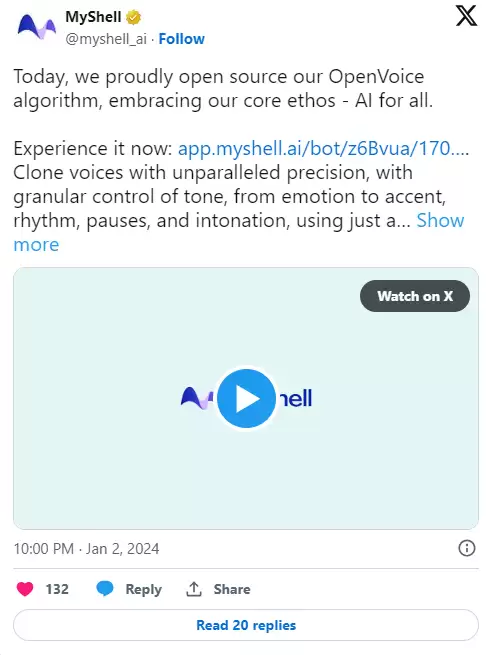 MyShell发布开源AI语音克隆工具OpenVoice,瞄准语音模仿领域