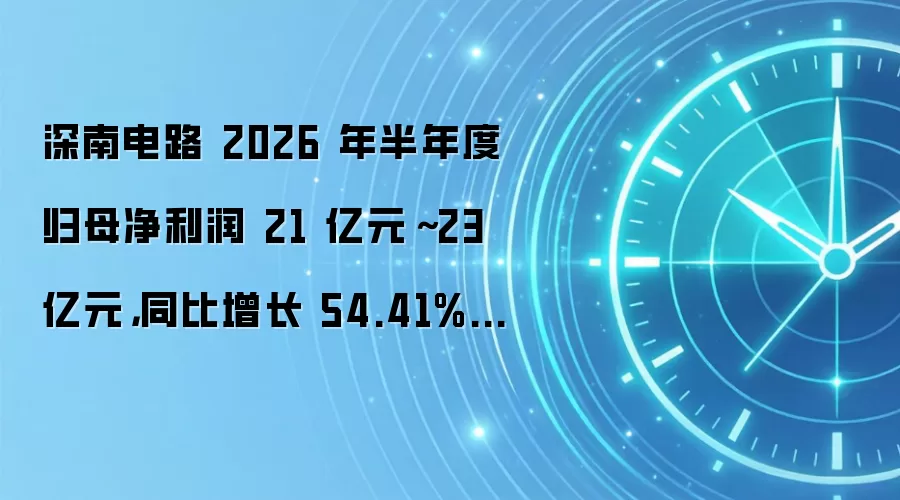 深南电路 2026 年半年度归母净利润 21 亿元～23 亿元，同比增长 54.41%~69.12%