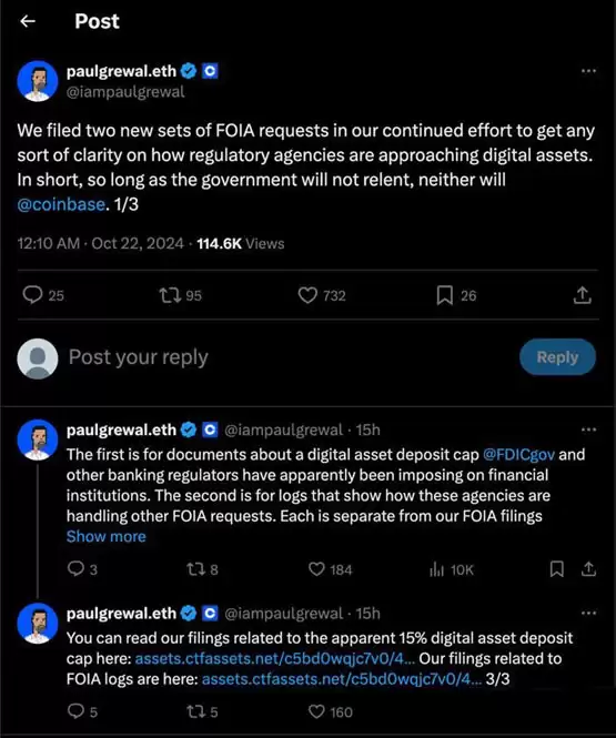 Coinbase再向FED和FDIC提交FOIA请求!要求公开银&行打压加密货币文件