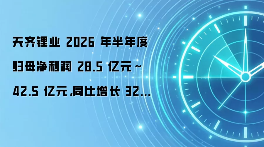 天齐锂业 2026 年半年度归母净利润 28.5 亿元～ 42.5 亿元，同比增长 3276.35%~4934.91%