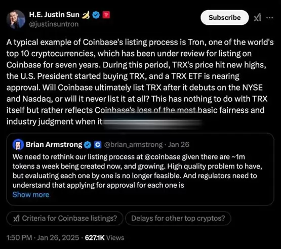 Coinbase CEO Brian Armstrong重整上币流程,孙宇晨认为有失公正