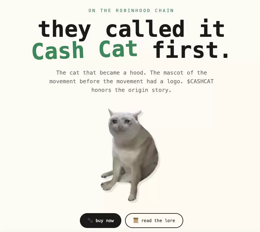 Robinhood 链第一个爆款 Meme 猫:CashCat,CEO 下场玩梗