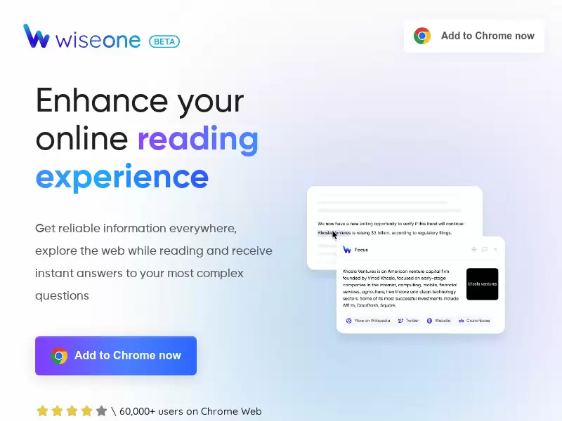 Wiseone : 随时获取可靠信息，浏览网页时探索并即时获取复杂问题的答案。