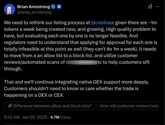 Coinbase CEO Brian Armstrong宣布改革上币流程,孙宇晨认为有失公正
