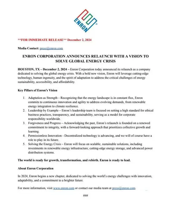 安然(Enron)复活传闻引热议：官网提及去中心化技术但疑似戏仿营销