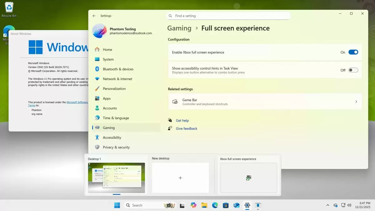Win11预览版26220.7271怎么手动启用Xbox全屏模式?