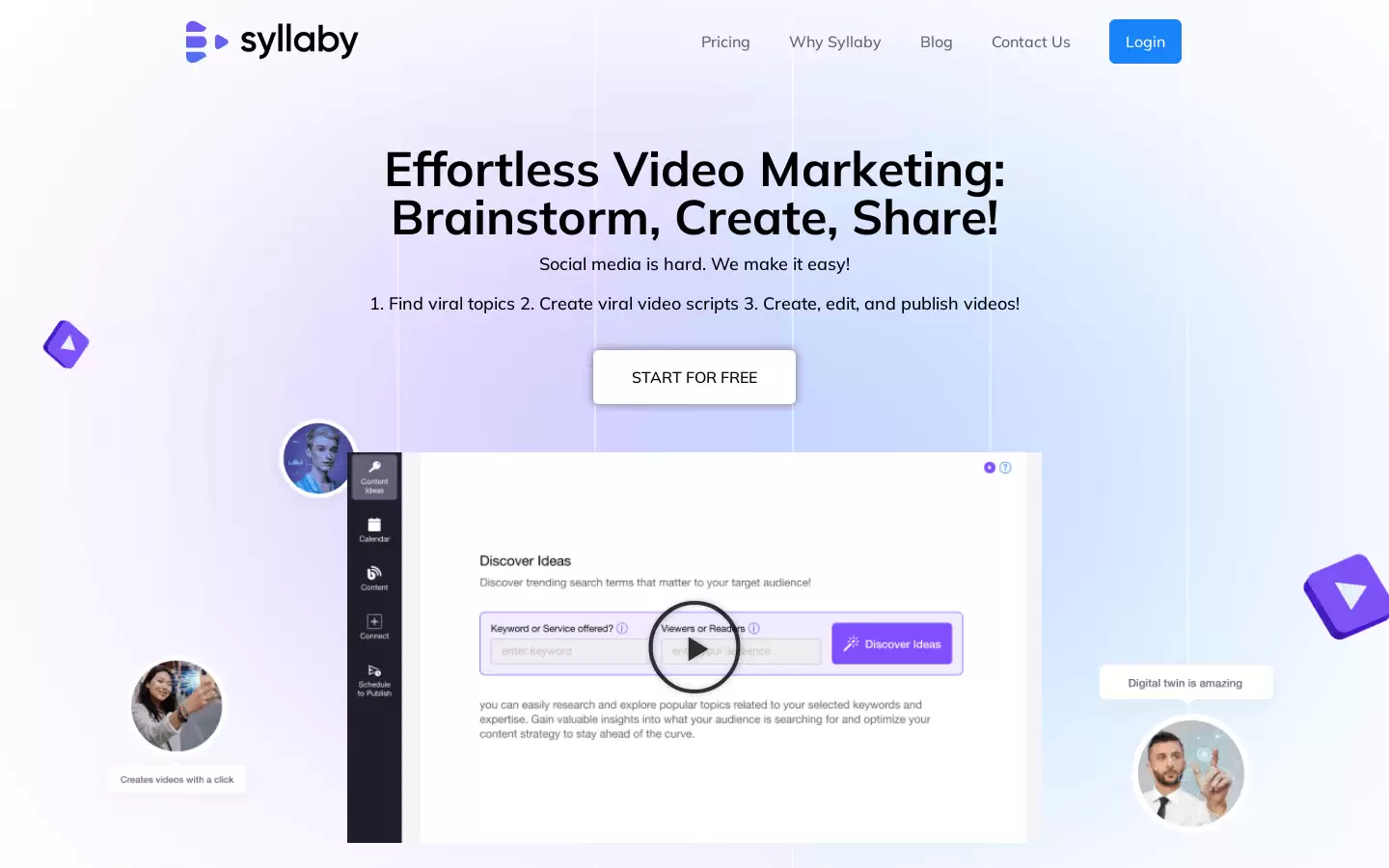 Syllaby : 找到客户在线上提出的热门问题，生成AI视频脚本和AI头像进行社交媒体营销