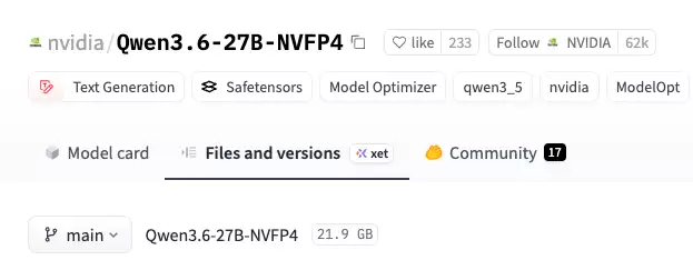 NVIDIA Qwen3.6-27B-NVFP4 模型卡