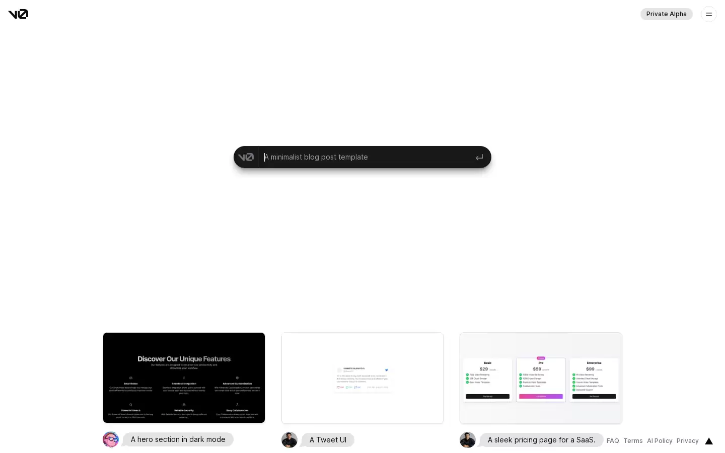 v0.dev : 生成 UI，简单文本输入，复制粘贴，快速上线