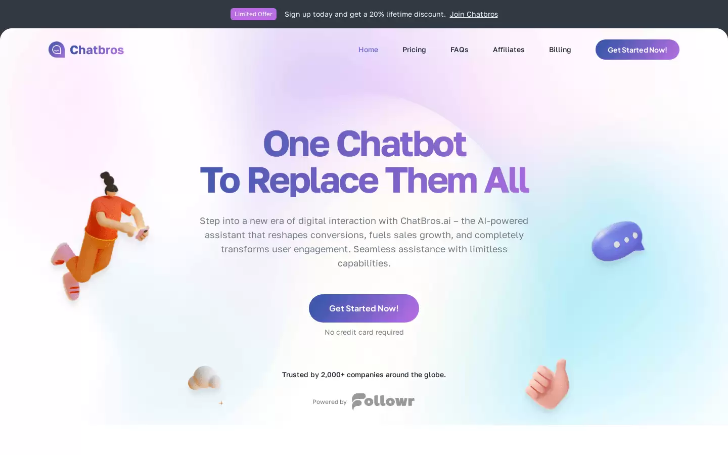 Chatbros.ai : Chatbros.ai是一个人工智能驱动的聊天机器人,可以提高网站转化率、吸引用户参与,简化客户互动