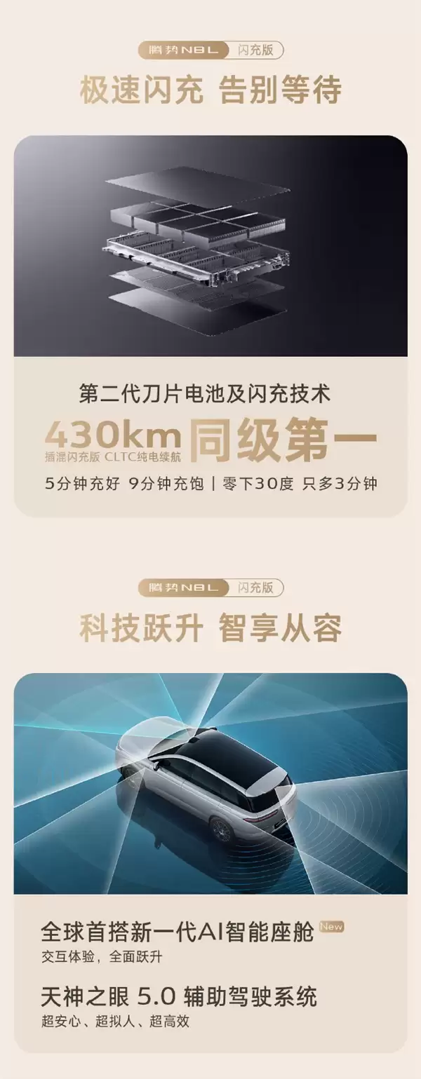 纯电续航同级第一!比亚迪腾势N8L闪充版预售:35万元起