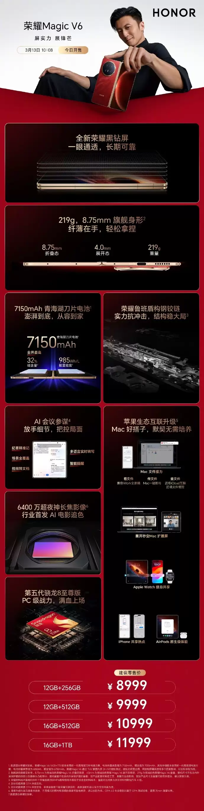 8999元起!荣耀Magic V6今日开售:7150mAh电池+满血第五代骁龙8至尊