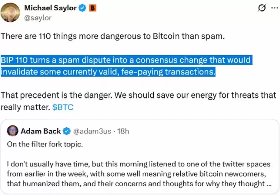 Michael Saylor关于比特币BIP-110提案的评论截图