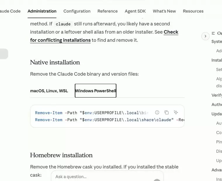Claude Code 官方卸载页的 Windows PowerShell 标签,显示 Native 安装的 Remove-Item 命令
