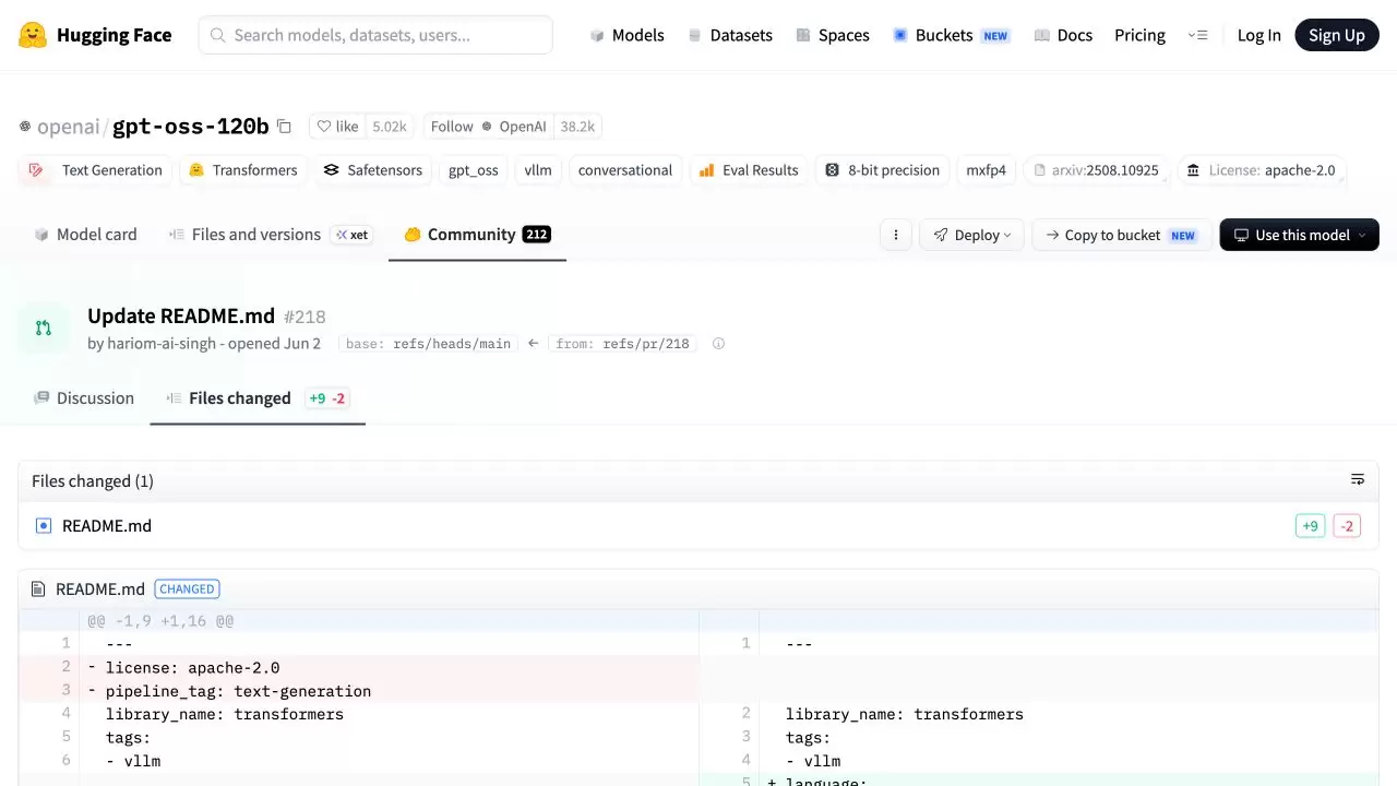Hugging Face Pull Request 的 Files changed 页面,顶部显示文件数量,下方按删除和新增颜色展示 README 差异