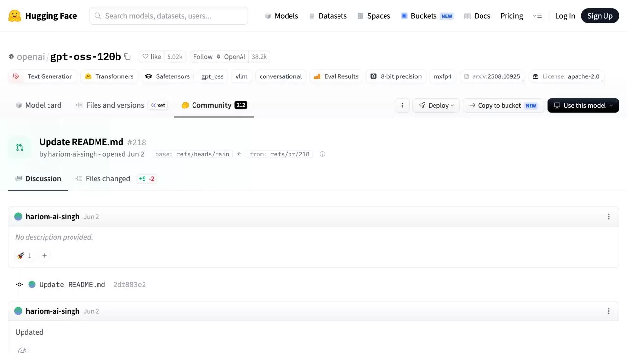 Hugging Face Pull Request 详情页,标题下显示 base 主分支与来源 refs/pr/218,并有 Discussion 和 Files changed 标签