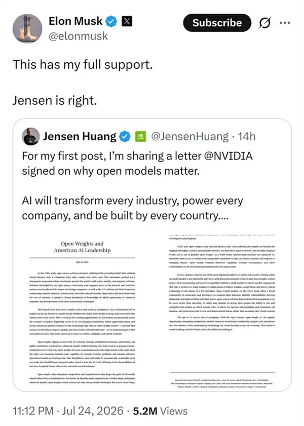 黄仁勋入驻X首条推文就炸场!联署数十家巨头力挺开源AI:马斯克一键三连