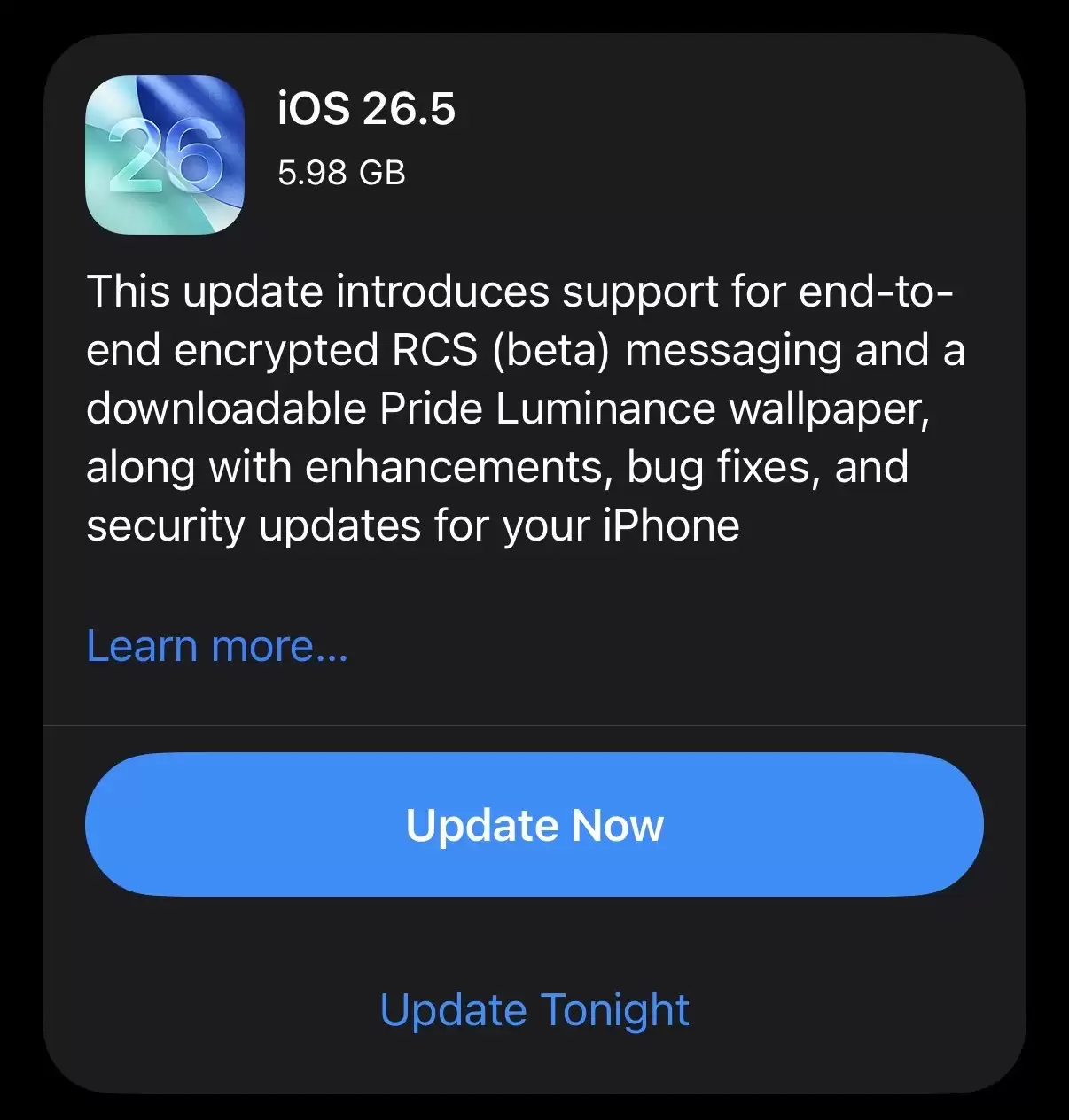 苹果iOS 26.5正式版发布!修复超50项漏洞,支持端到端加密RCS