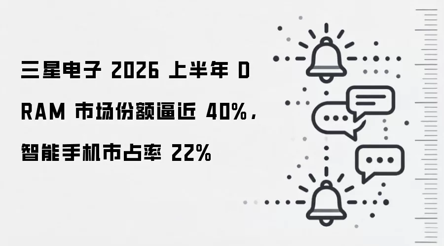 三星电子 2026 上半年 DRAM 市场份额逼近 40%,智能手机市占率 22%
