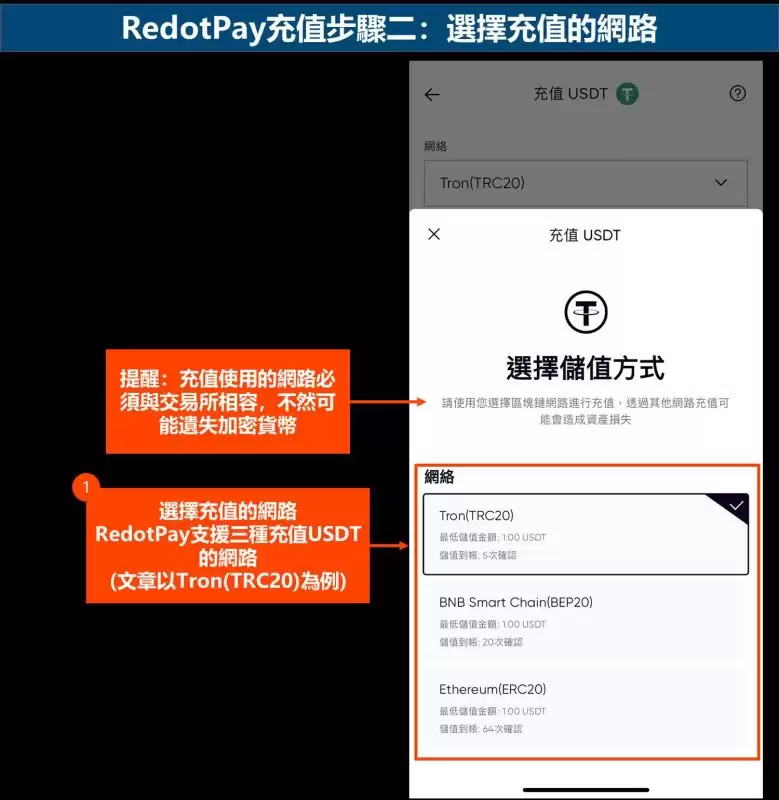 RedotPay充值步骤二:选择充值的网路