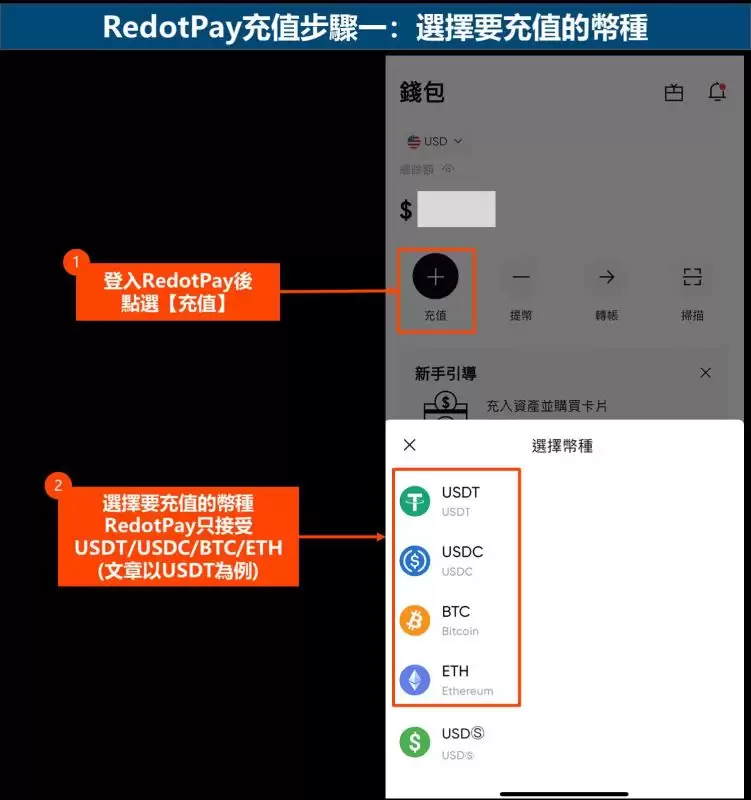 RedotPay充值步骤一:选择要充值的币种