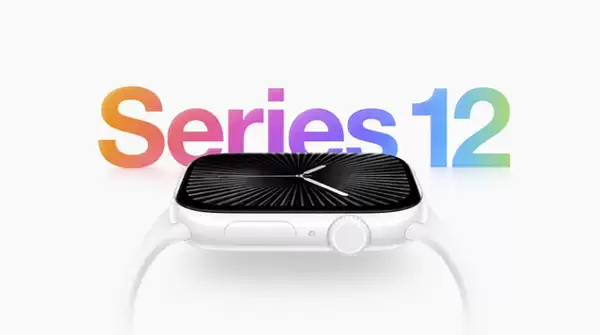 Apple Watch Series 12外观渲染图,展示经典圆形表盘与表带设计