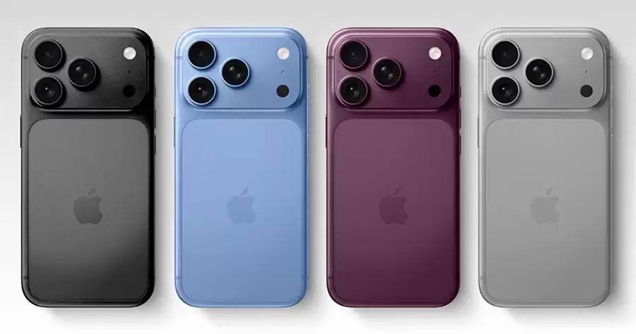 iPhone 18 Pro Max 四款全新配色展示图,包括深樱桃红、雾面浅蓝、深空灰和磨砂银