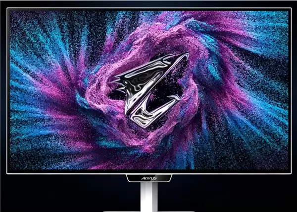 技嘉AORUS FO27U24GP ICE侧面与底座细节,展示白色涂装与支架调节功能