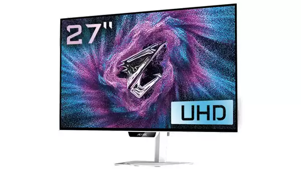 技嘉AORUS FO27U24GP ICE正面外观,展示纯白机身设计与屏幕显示效果