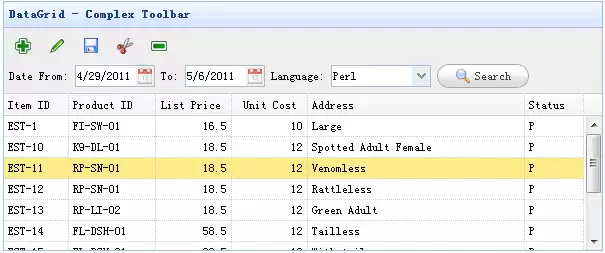 jQuery EasyUI 数据网格复杂工具栏界面截图