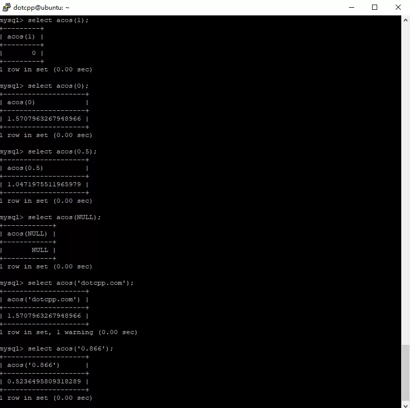 MySQL acos()函数对不同参数(数值、NULL、字符串)的查询结果截图,显示成功计算的弧度和转换失败返回的NULL