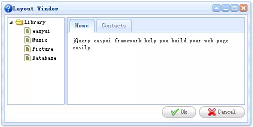 jQuery EasyUI 窗口内嵌布局的完整界面效果,左侧为树形菜单,中间为标签页,底部为操作按钮