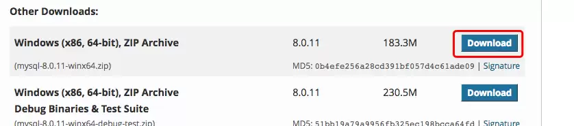 MySQL 下载页面底部,显示直接下载链接