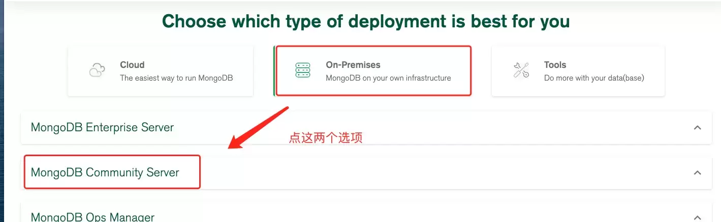 MongoDB 官方下载页面，展示了不同操作系统和包格式的选择界面