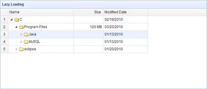 jQuery EasyUI TreeGrid 惰性加载节点效果演示图,展示了文件夹浏览器的树形结构