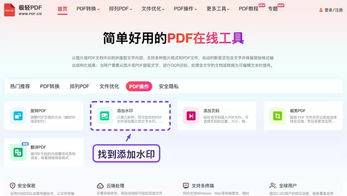 在线PDF工具首页的添加水印功能入口