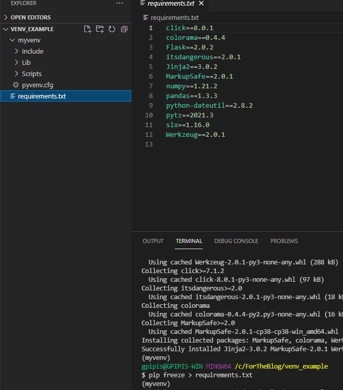 展示真实 Python 项目目录、代码编辑器、虚拟环境创建命令、依赖安装和 requirements.txt 文件。