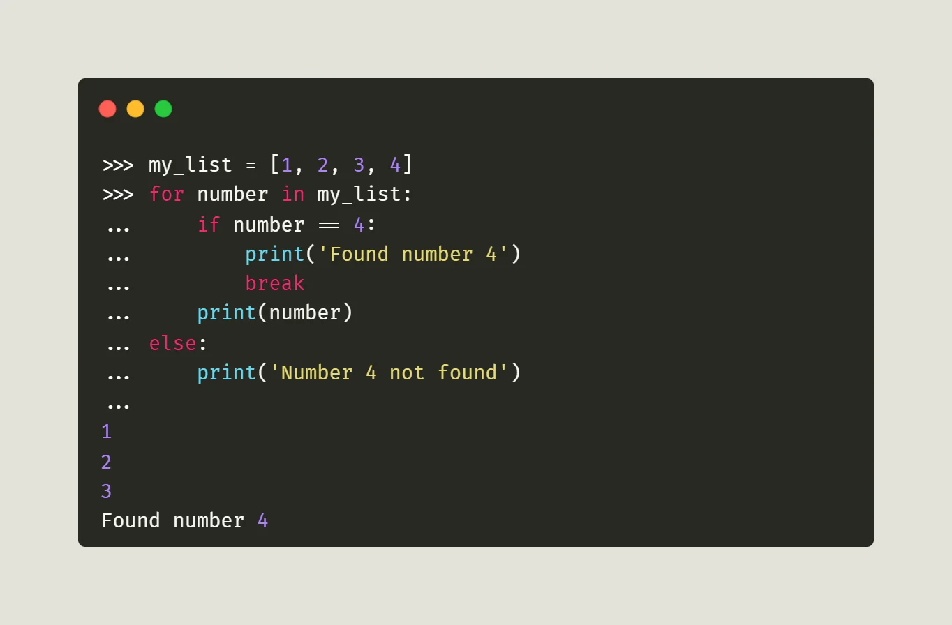 展示真实 Python 代码编辑器中的 break、continue、for-else 示例，并配合终端输出体现不同控制语句的执行结果。