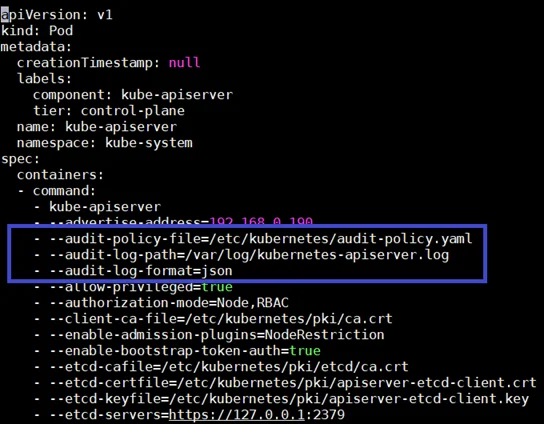 展示真实 kube-apiserver 启动参数或静态 Pod manifest 中的 audit-policy-file、audit-log-path 等配置,以及控制面重载后的运行状态。