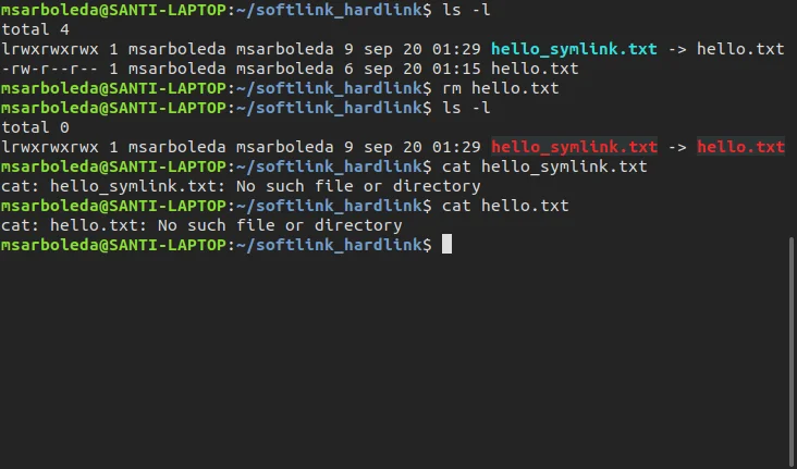展示真实Linux终端中的软链接与硬链接实验结果,对比删除原文件后硬链接仍可访问而软链接变成悬空链接的情况。