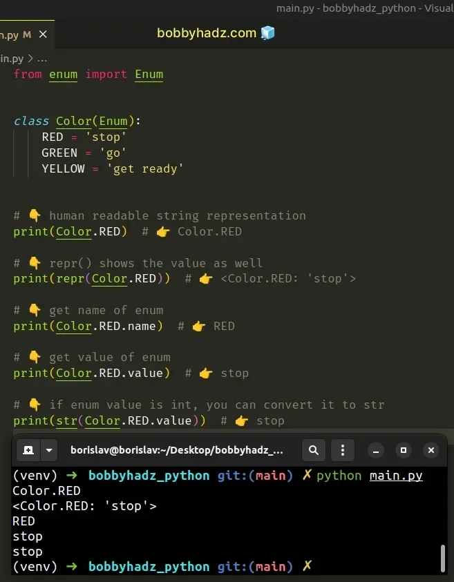 展示Python代码编辑器中定义Enum枚举类、成员名称和值,以及终端运行后输出枚举成员的真实界面。