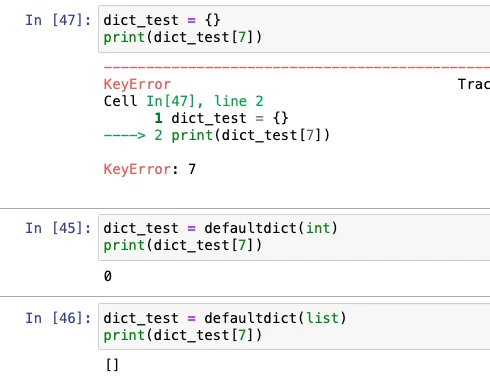 展示真实Python代码编辑器或终端中的defaultdict分组示例,体现键、默认值、数据追加及最终字典结果。