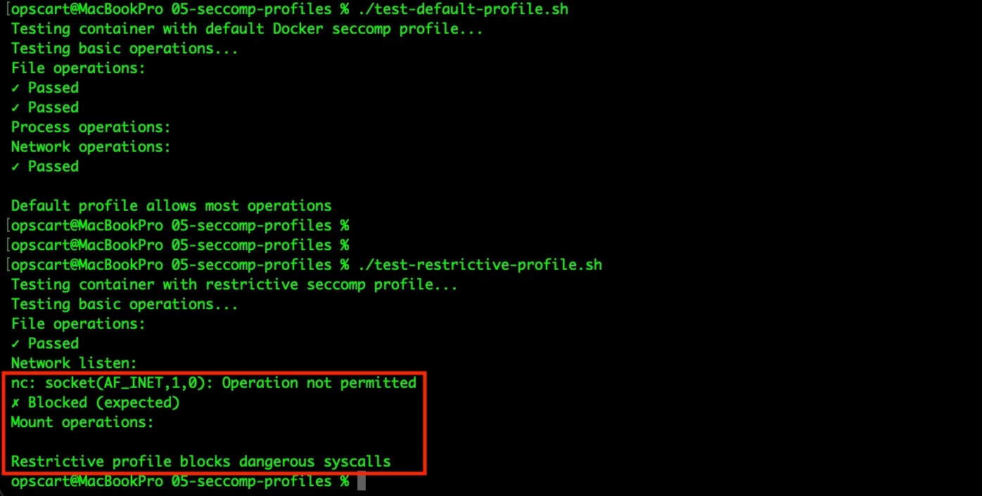 展示真实 Docker seccomp JSON 配置文件、docker run --security-opt seccomp 命令以及被禁止系统调用后的 Permission denied 等验证结果。
