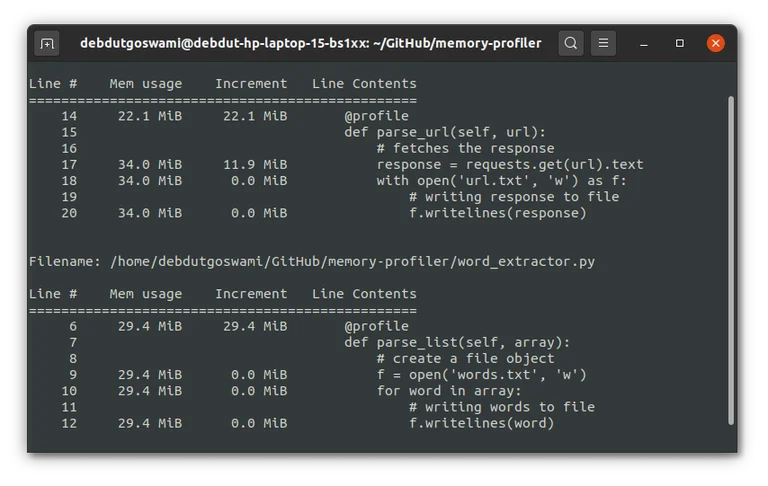 展示真实 memory-profiler 报告，突出Line、Mem usage、Increment、Occurrences等字段，以及列表扩容、临时对象或大数据加载造成的内存增长。