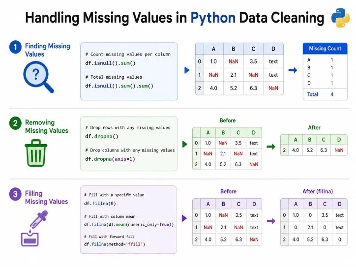 展示真实Pandas代码与DataFrame中缺失值处理前后的对比,突出删除行、数值填补和分类字段填补。