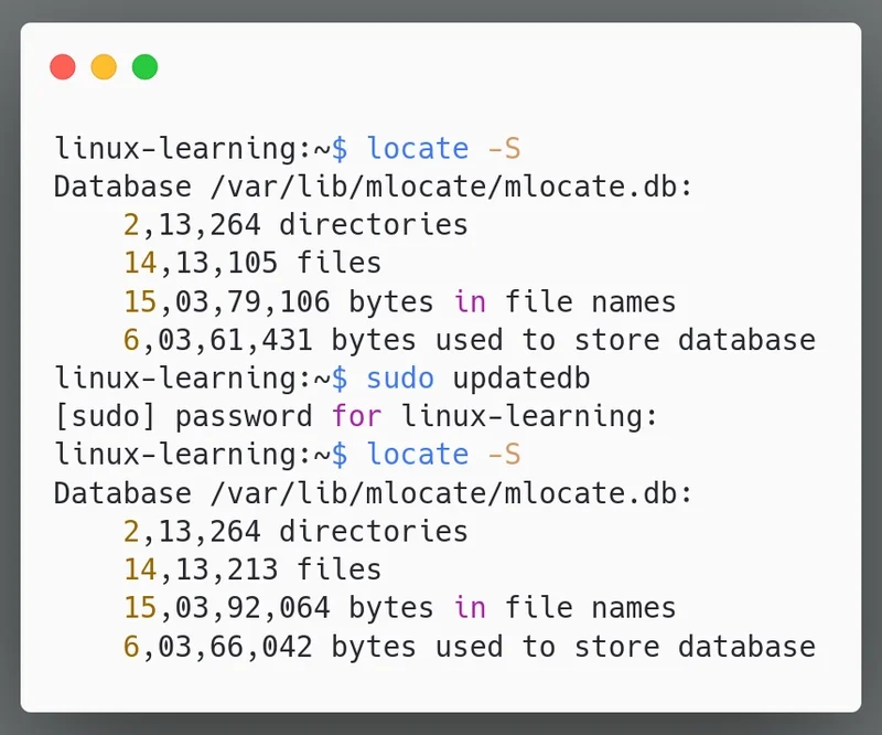 展示真实Linux终端中find与locate命令及文件系统/locate数据库关系,直观体现两种查找机制。