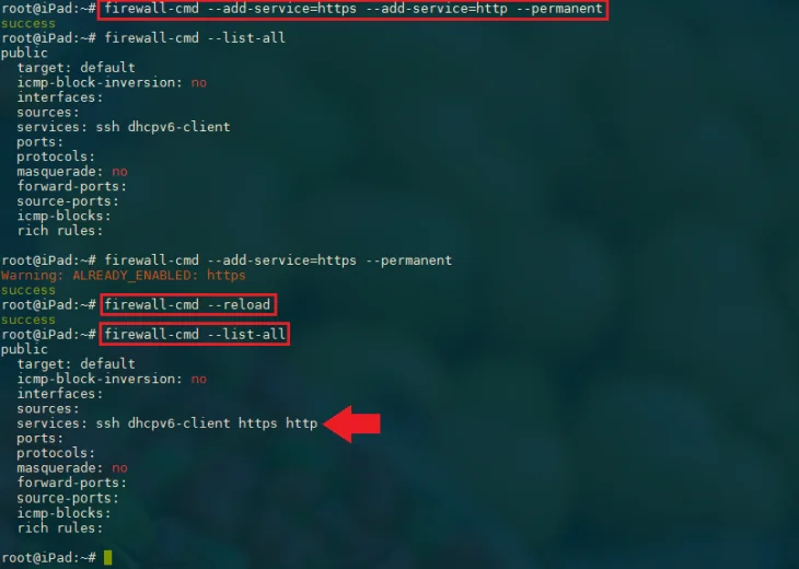 展示真实Linux终端中使用firewall-cmd配置zone、开放端口和查看规则的操作界面，突出最小端口开放原则。